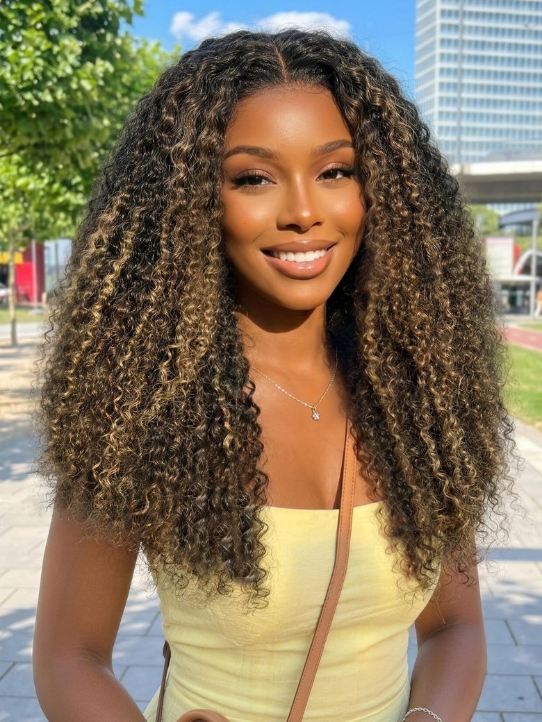 Klaiyi Honey Blonde & Caramel Highlights on Black Natural Curly Wig 7x5 Glueless Lace Front Human Hair Wig with Invisi Drawstring Flash Sale