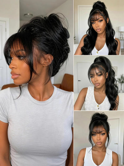 Klaiyi 7x5 and 13x4 3D Fluffy Body Wave Lace Frontal Wig with Curtain Bangs & Layers Pre everything Put on and Go Human Hair Wigs
