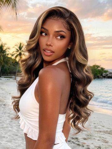 Klaiyi 7x5 No-Slip Glueless Chocolate Brown with Caramel Blonde Highlights Body Wave Put On & Go with Invisi Drawstring