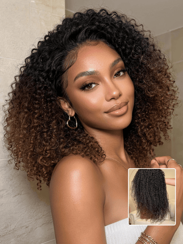 Klaiyi 2-in-1 Kinky Curly Half Wig Natural Black & T128 Blonde Flip Around Human Hair Wig