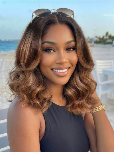 Klaiyi 13x4 Pre-Everything Lace Forntal Wig Sun-kissed Copper Brown Highlights Face-framing Layered Blowout Bob Wig