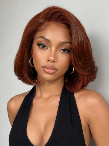 Klaiyi 7x5 Bye Bye Knots No Slip Glueless Lace Wig Copper Auburn Reddish Brown Side Part Straight Short Bob Wig