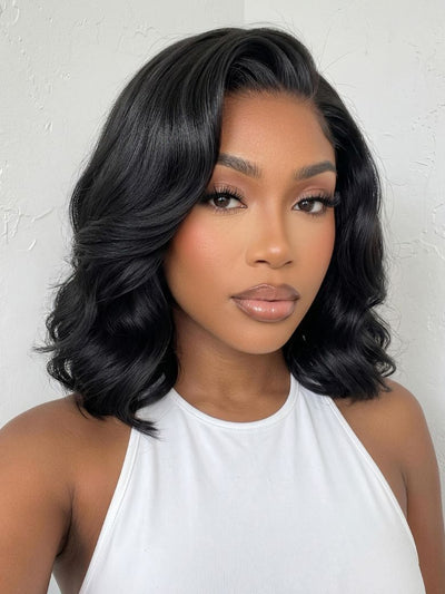 Klaiyi 7x5 No-Slip Glueless Lace Wig Short Glam Blowout Flip Bob 180% Density Put On & Go Human Hair Wig