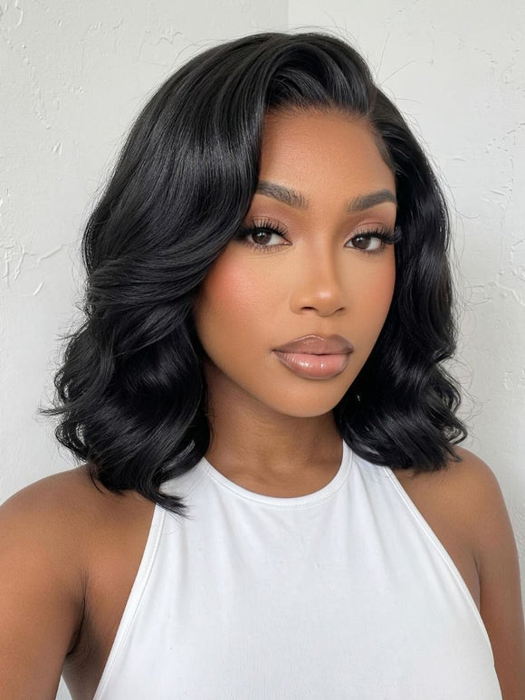 Klaiyi 7x5 No-Slip Glueless Lace Wig Short Glam Blowout Flip Bob 180% Density Put On & Go Human Hair Wig