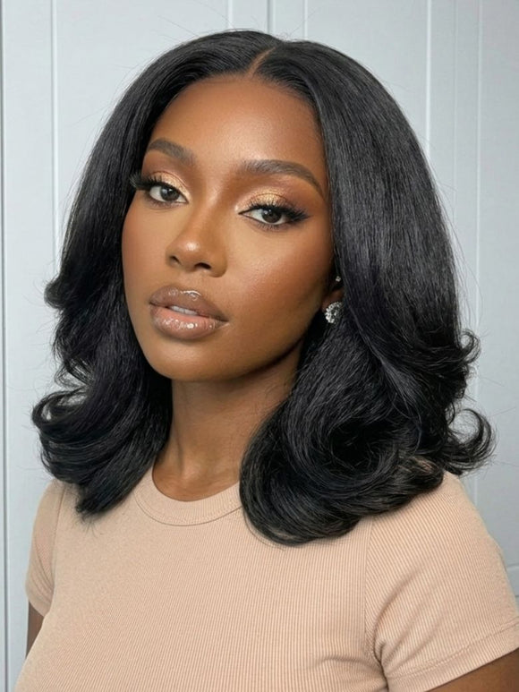 Perruque Klaiyi New EasiContour™ Yaki Straight V Part Wig Meets Real Leather, prête à porter, sans colle, avec cordon de serrage invisible. 