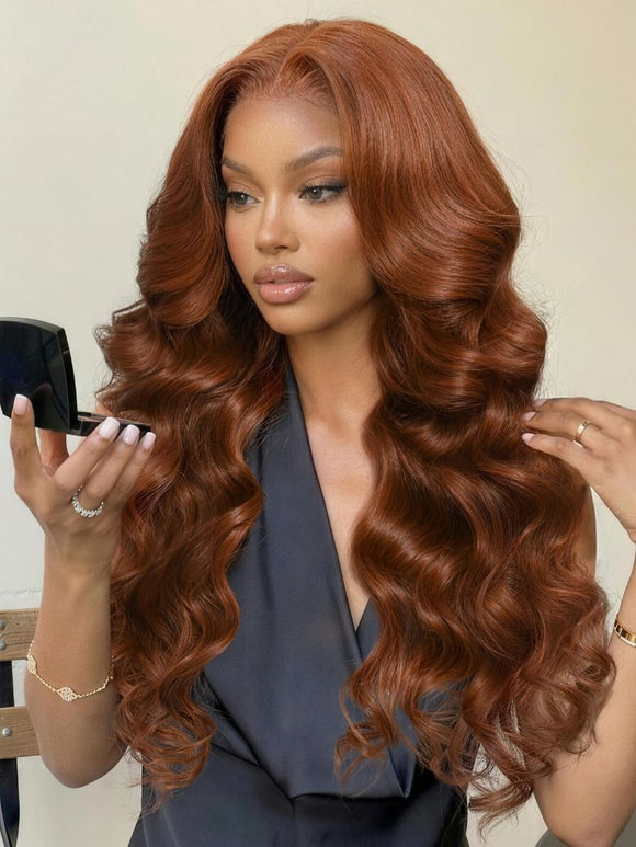 Perruque Klaiyi Brunette Auburn Cuivré 7x5 Pre everything Lace Frontal Wig Body Wave Cheveux Humains Vierges Couleur Brun Rougeâtre 