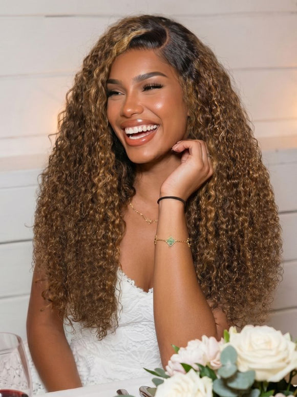 Klaiyi Sun-Kissed Brown Curly Wig with Honey Caramel Highlights 13x4 Glueless Lace Frontal Wig Put On & Go with Invisi Drawstring
