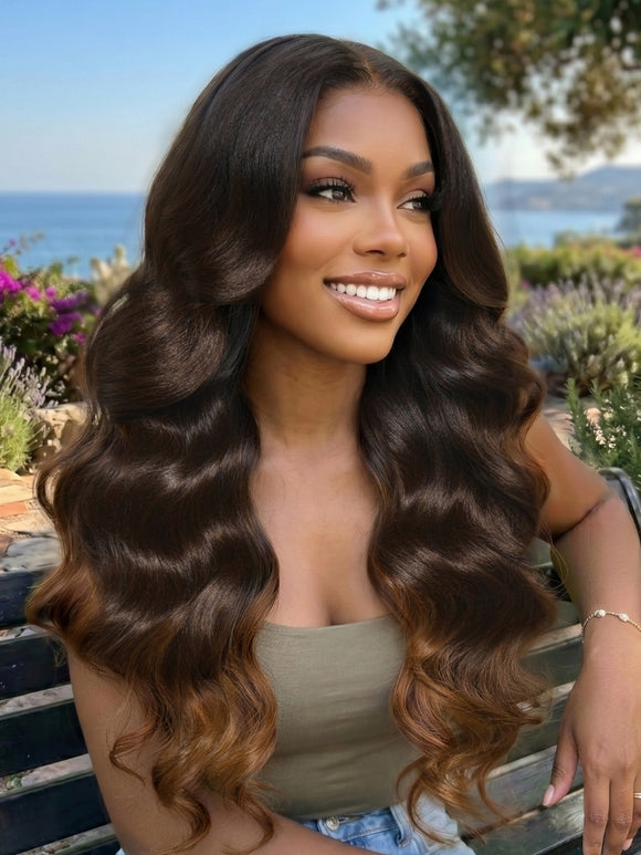 Perruque Klaiyi Ombre Brown Balayage Highlight Body Wave 7x5 Bye Bye Knots, précolorée, sans colle, en cheveux humains et dentelle. 