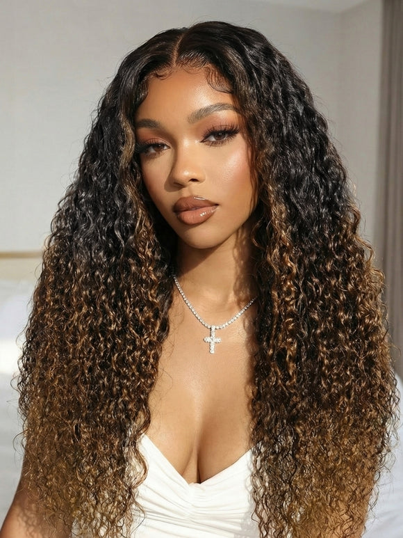 Klaiyi 7x5 No-Slip Glueless Ombre Chestnut Brown Water Wave & Curly Human Hair Wig