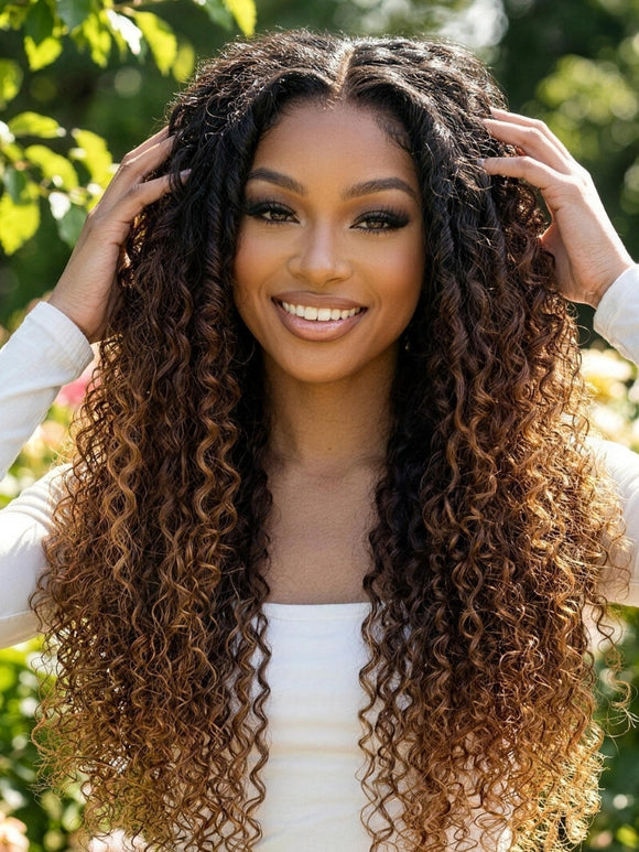Klaiyi 7x5 No-Slip Glueless Dark Brown to Honey Caramel Ombre with Natural Shadow Root Finger Coil Defined Curls Put On And Go Human Hair Wig