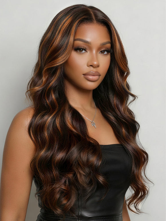 Klaiyi 7x5 No Slip Wig Dark Brown Wig with Caramel Balayage  Body Wave Put On and Go Glueless Human Hair Wig
