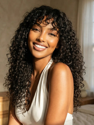 Klaiyi T-Part Shaggy Curly Wig with Bangs Natural Black Afro Curls with Drawstring Glueless Beginner-Friendly