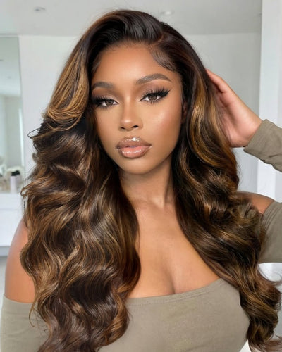 Klaiyi Ombre Brown Balayage Highlight Body Wave 13x4 Pre everything Wig Precolored Glueless Human Hair Lace Wig