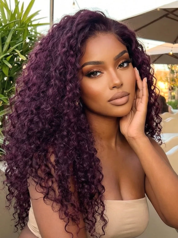 Klaiyi 13x4 Black Cherry Dark Burgundy Water Wave Pre Everything Lace Frontal Wig With Invisible Drawstring
