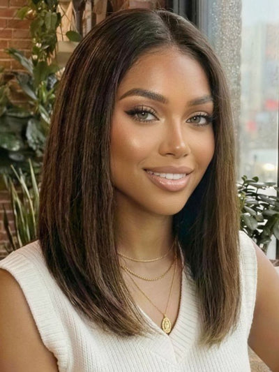 Klaiyi 7x5 No Slip Glueless Lace Wig Balayage Highlights Yaki Straight Bob Wig with Invisi Drawstring