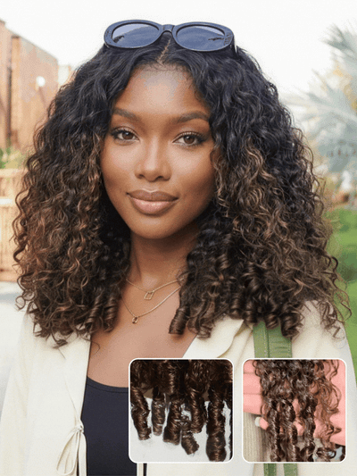 Klaiyi Ombre Chestnut Brown 7x5 Burmese Curly Wig with Finger Coil Ends Put On and Go Glueless Human Hair with Invisi Drawstring