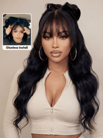 Klaiyi 7x5 and 13x4 3D Fluffy Body Wave Lace Frontal Wig with Curtain Bangs & Layers Pre everything Put on and Go Human Hair Wigs