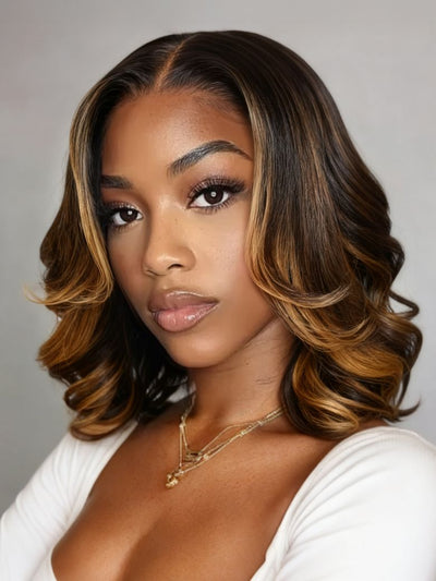 Klaiyi Balayage Brown French Bob Wig Shoulder-Length Loose Curls 13x4 Pre-Everything Glueless Lace with Invisi Drawstring