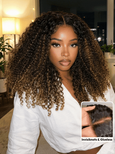 Klaiyi Ombre Chestnut Brown 7x5 Burmese Curly Wig with Finger Coil Ends Put On and Go Glueless Human Hair with Invisi Drawstring