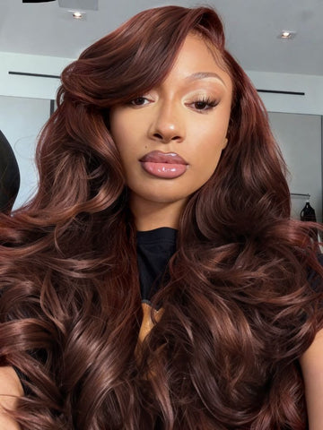 Klaiyi Burgundy Brown Romantic Voluminous Curls 7×5 Bye Bye Knots Glueless Human Hair Wig with Invisible Drawstring