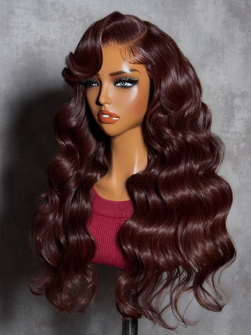 Klaiyi Burgundy Brown Romantic Voluminous Curls 7×5 Bye Bye Knots Glueless Human Hair Wig with Invisible Drawstring