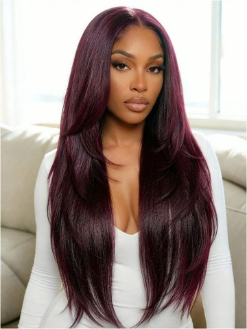 Klaiyi Purple Black Cherry Yaki Straight Wig 13x4 Pre-Everything Lace Frontal Human Hair Wig with Face-Framing Layers