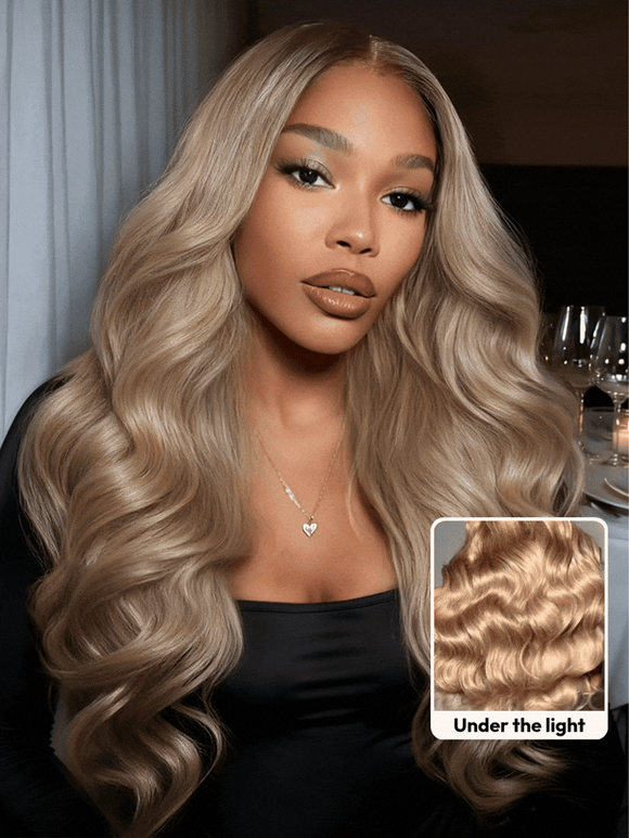 Klaiyi Smoky Beige Blonde With Root Melt 13×4 Pre Everything Body Wave Lace Frontal Wig Put On and Go With Invisi Drawstring