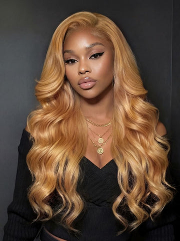 Klaiyi Sun-Kissed Golden Blonde Layered Loose Wave Wig 13x4 Pre-Everything Lace Front Face-Framing Curtain Bangs Glueless Human Hair