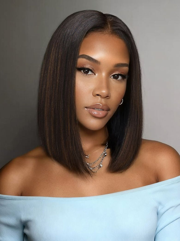 Klaiyi 7x5 No Slip Glueless Lace Wig Black with Caramel Highlights Side Part Yaki Straight Bob Wig with Invisi Drawstring