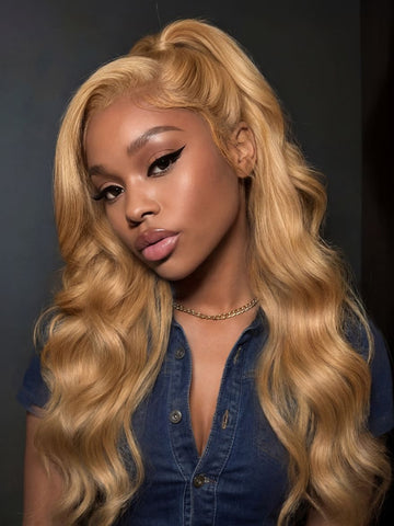 Klaiyi Sun-Kissed Golden Blonde Layered Loose Wave Wig 13x4 Pre-Everything Lace Front Face-Framing Curtain Bangs Glueless Human Hair