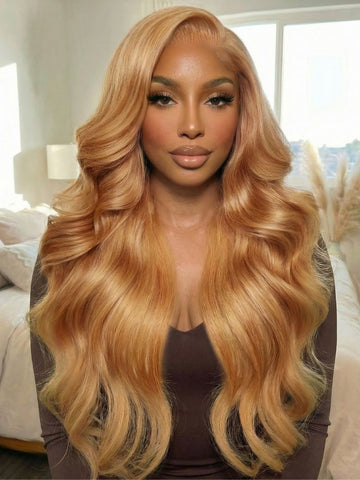 Klaiyi Sun-Kissed Golden Blonde Layered Loose Wave Wig 13x4 Pre-Everything Lace Front Face-Framing Curtain Bangs Glueless Human Hair