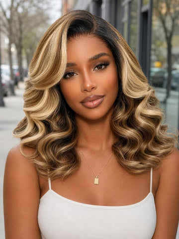 Klaiyi 7x5 Lace No Slip Wig Dark Root Honey Blonde Highlighted Layered Body Wave Bob Human Hair Wig Flash Sale