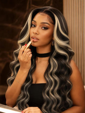Flash Sale Klaiyi 7x5 No-Slip Glueless Lace Closure Wig Face-Framing Blonde Highlights Body Wave Human Hair Wig