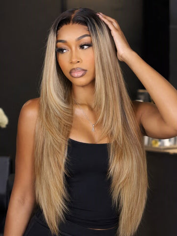 Klaiyi 13x4 Pre-Everything Lace Frontal Wig Honey Blonde Highlights Silky Straight Human Hair Wig with Soft Face-Framing Layers