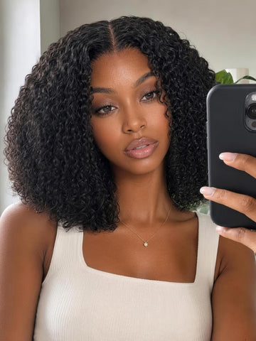 Klaiyi 7x5 No-Slip Glueless Lace Closure Wig Natural Curly Bob 4A/4B Inspired Curls Wash-and-Go Face-Framing Twist-Out