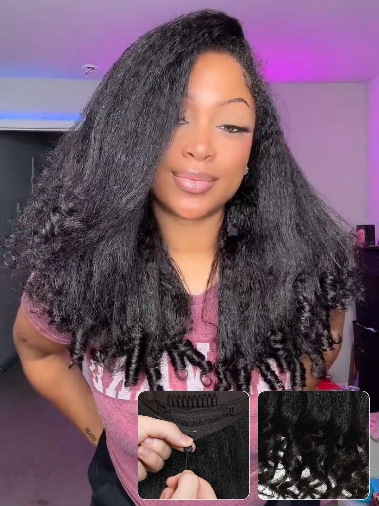Klaiyi Kinky Straight V Part Wig Human Hair with Spiral Curly Ends Beginner-Friendly Natural Look