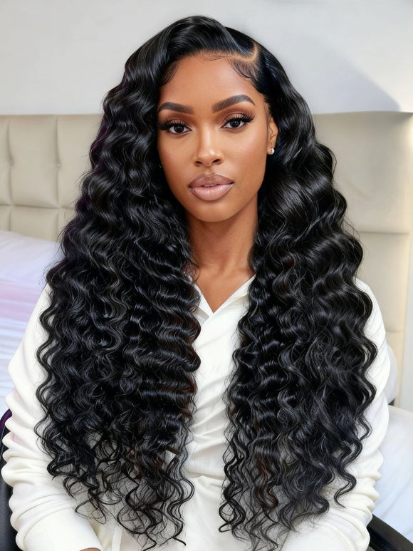 Klaiyi 13x4 Pre-Everything Crimp Deep Curl Lace Frontal Wig High-Volume Loose Deep Wave with Invisi-Drawstring