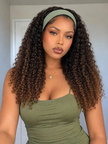 Klaiyi Ombre Chestnut Brown Burmese Curly 2-in-1 Headband Wig  Glueless Human Hair Wig with Invisi Drawstring