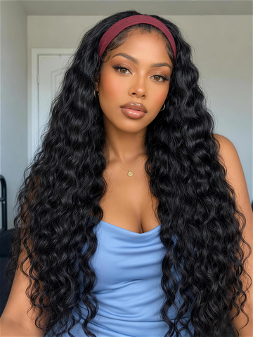 Klaiyi Water Wave Headband Wig 2-in-1 Glueless Human Hair Wig with Invisi Drawstring