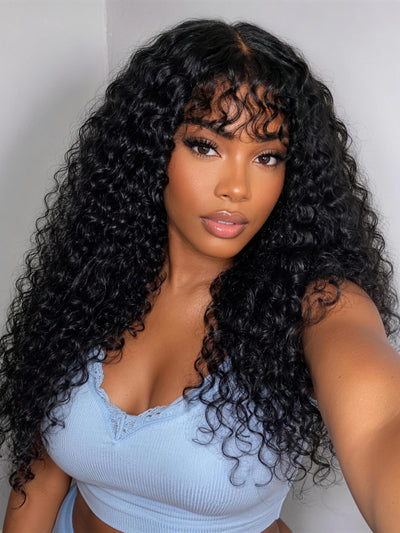 Klaiyi T-Part Shaggy Curly Wig with Bangs Natural Black Afro Curls with Drawstring Glueless Beginner-Friendly