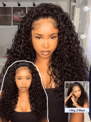 Klaiyi Water Wave Headband Wig 2-in-1 Glueless Human Hair Wig with Invisi Drawstring