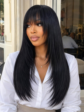 Klaiyi Yaki Straight Human Hair Glueless Wig with Blunt Cut Bangs Natural Black Color