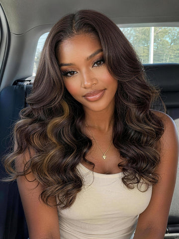 Flash Sale Klaiyi 7x5 Bye Bye Knots Glueless Lace Closure Wig Espresso Brown With Blonde Highlights Human Hair Wig