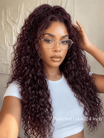 Klaiyi 13x4 Black Cherry Dark Burgundy Water Wave Pre Everything Lace Frontal Wig With Invisible Drawstring