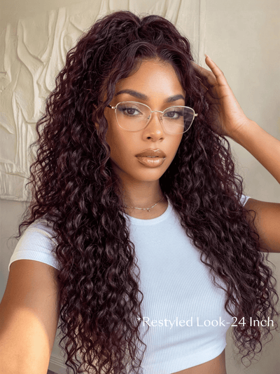 Perruque Klaiyi 13x4 Noir Cerise Bordeaux Foncé Ondulée, Pre Everything Lace Frontal avec cordon de serrage invisible 