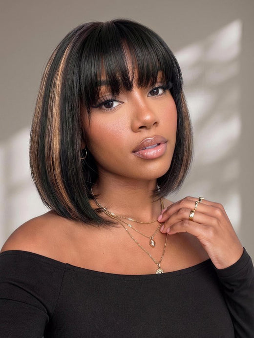 Klaiyi Yaki Blunt Bob 2x4 Lace Part Glueless Wig Brown Balayage Highlight Sleek Yaki Straight Bob Human Hair Wig