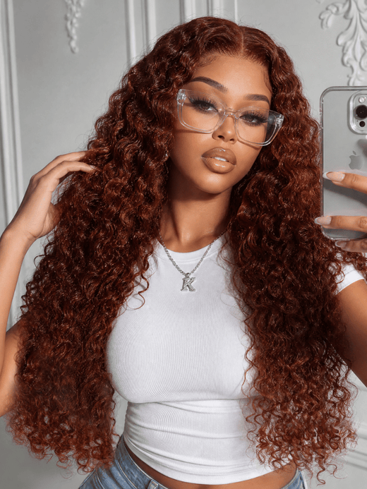 Klaiyi 13x4 Pre-Everything Lace Frontal Wig Reddish Brown Fluffy Burmese Wavy Human Hair Wig
