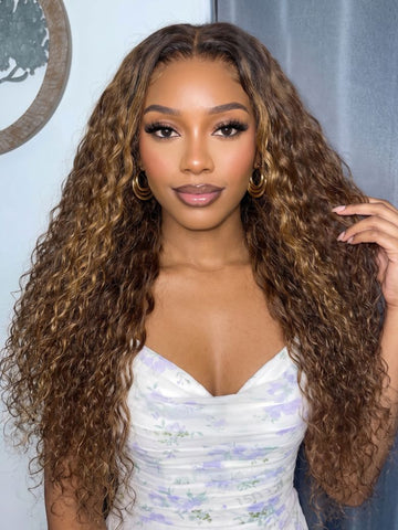 Klaiyi 7x5 No Slip Glueless Lace Brown With Honey Blonde Highlights Water Wave Wig