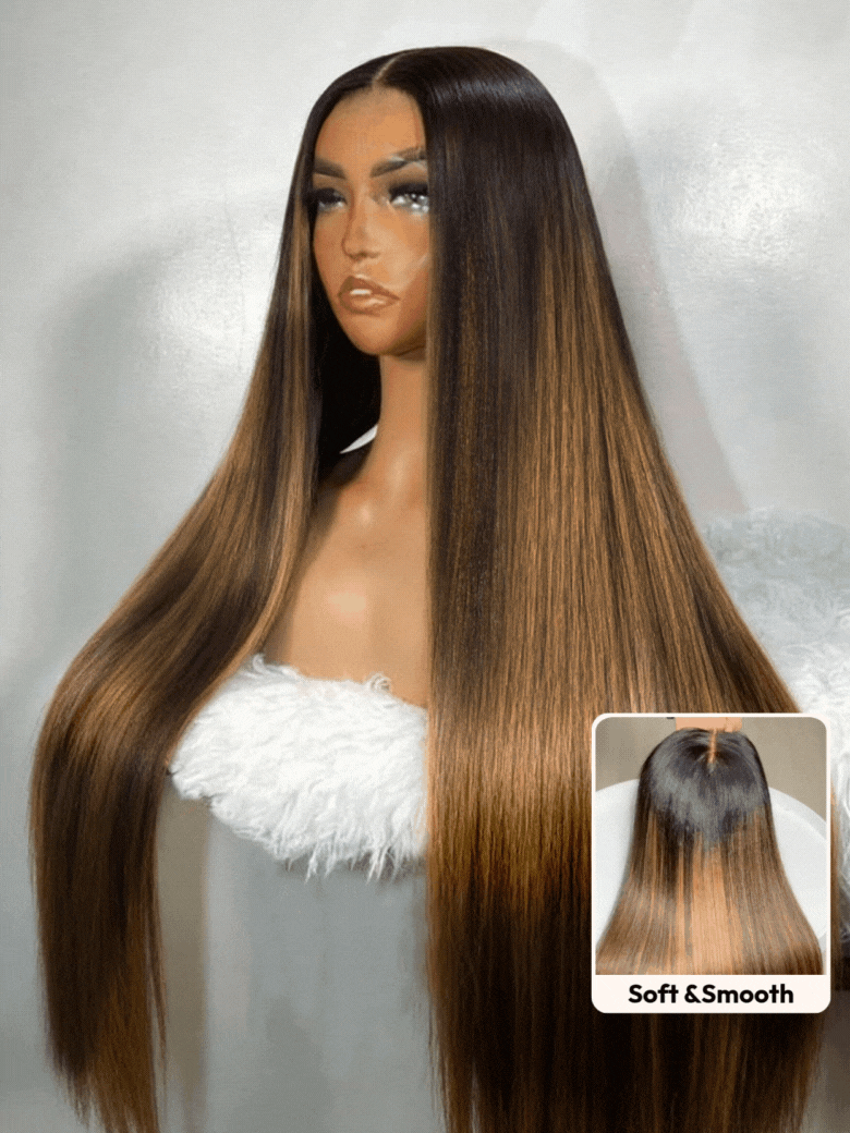 Perruque Klaiyi 13×4 Yaki Straight Balayage Highlight Lace Front, facile à poser grâce à son cordon de serrage invisible en cheveux humains. 