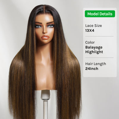 Klaiyi Ombre Chestnut Brown and Balayage Highlight Yaki Straight Put On and Go Glueless Wig 7x5 Bye Bye Knots And 13x4 Lace Frontal Human Hair Wigs with Invisi Drawstring